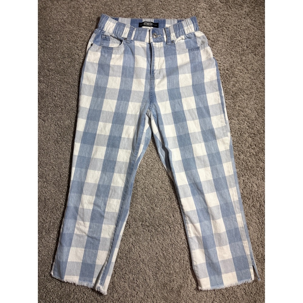 Y2K Rewash Gingham Check High Waisted Jeans Blue White Raw Hem Size 0/24